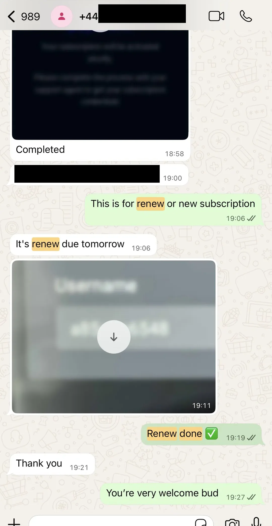 WhatsApp conversation showing a renewal raised and completed the same evening