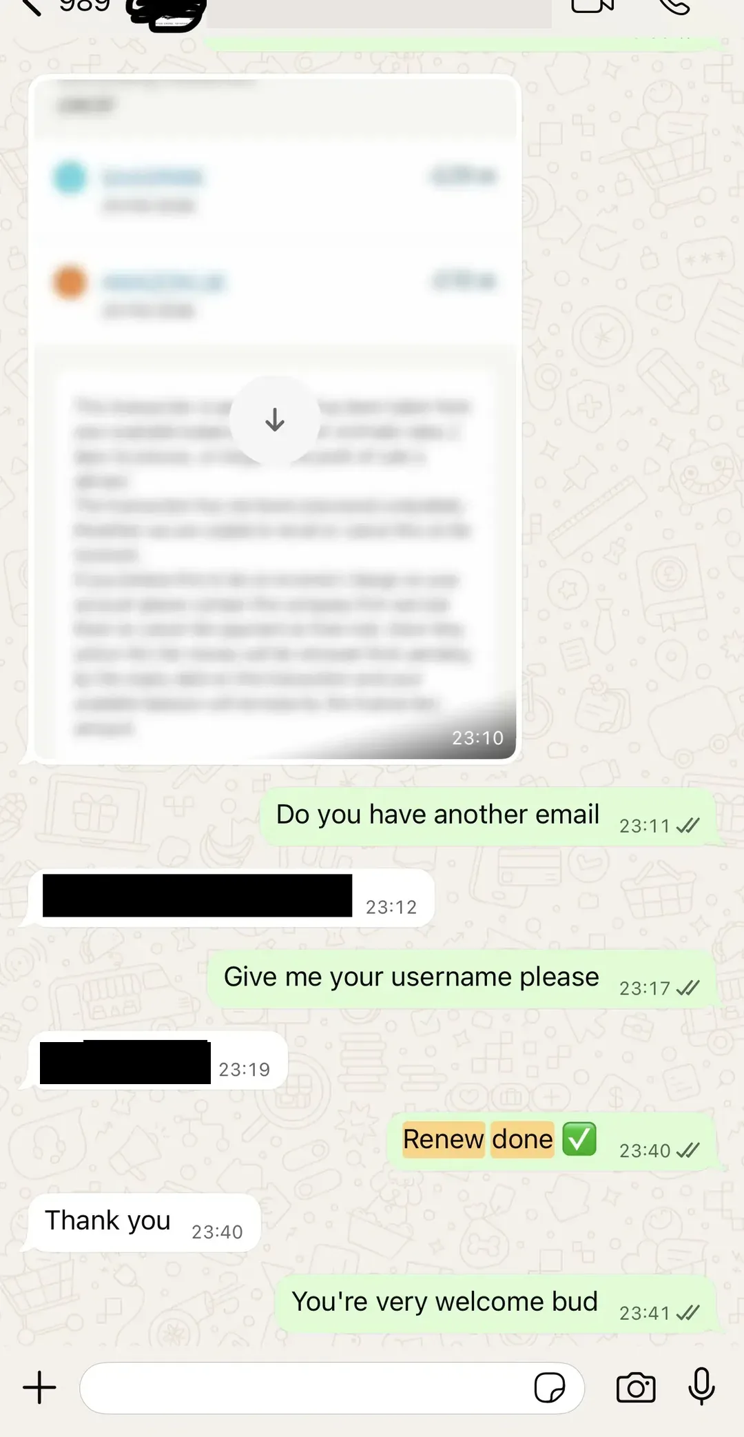 WhatsApp conversation showing a returning customer's subscription being renewed