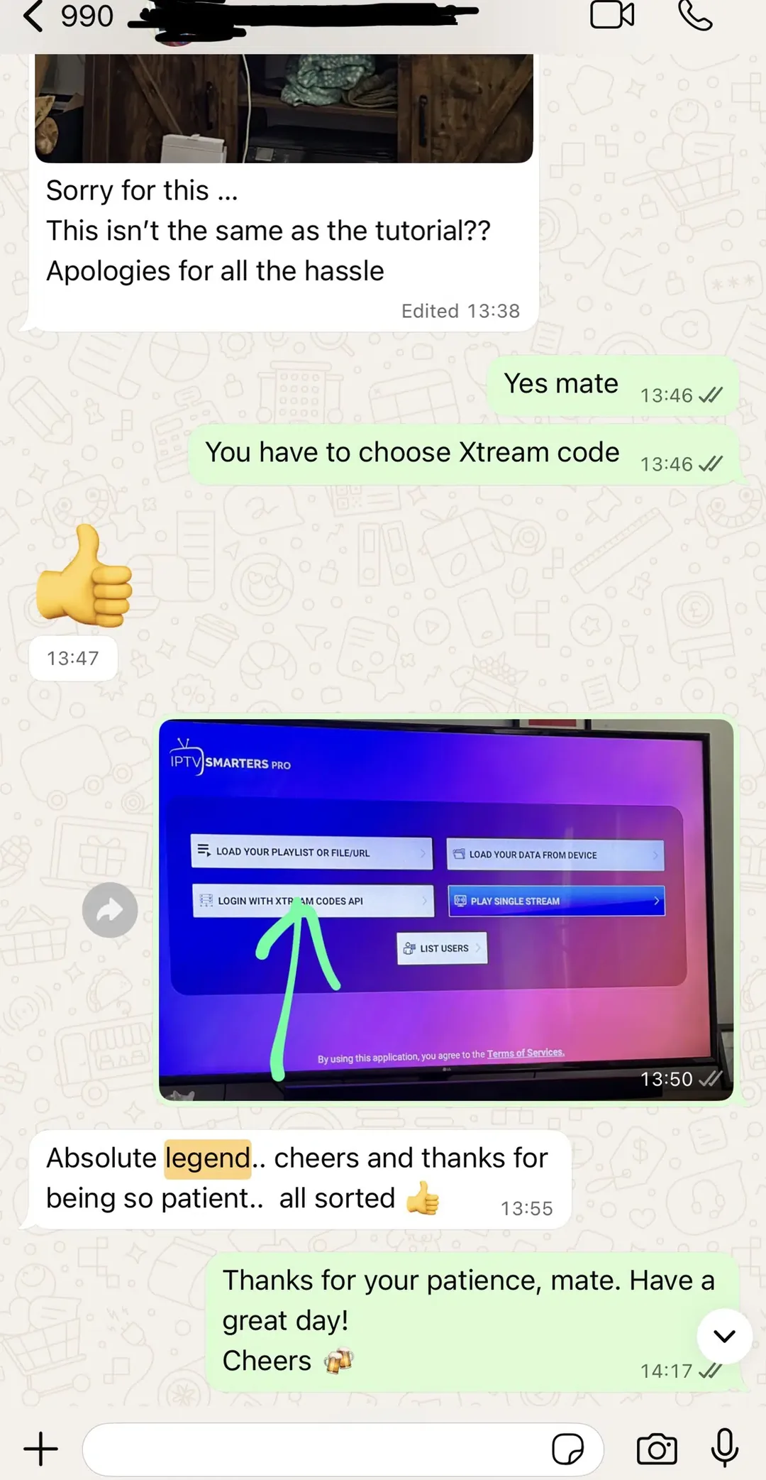 WhatsApp conversation showing which login option to use on a Smart TV being identified